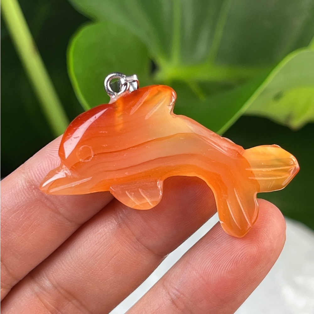 Stainless steel carnelian dolphin carving pendant